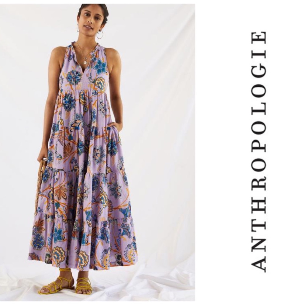 Anthropologie Diaz Abstract Tiered Maxi Dress 2X Lilac